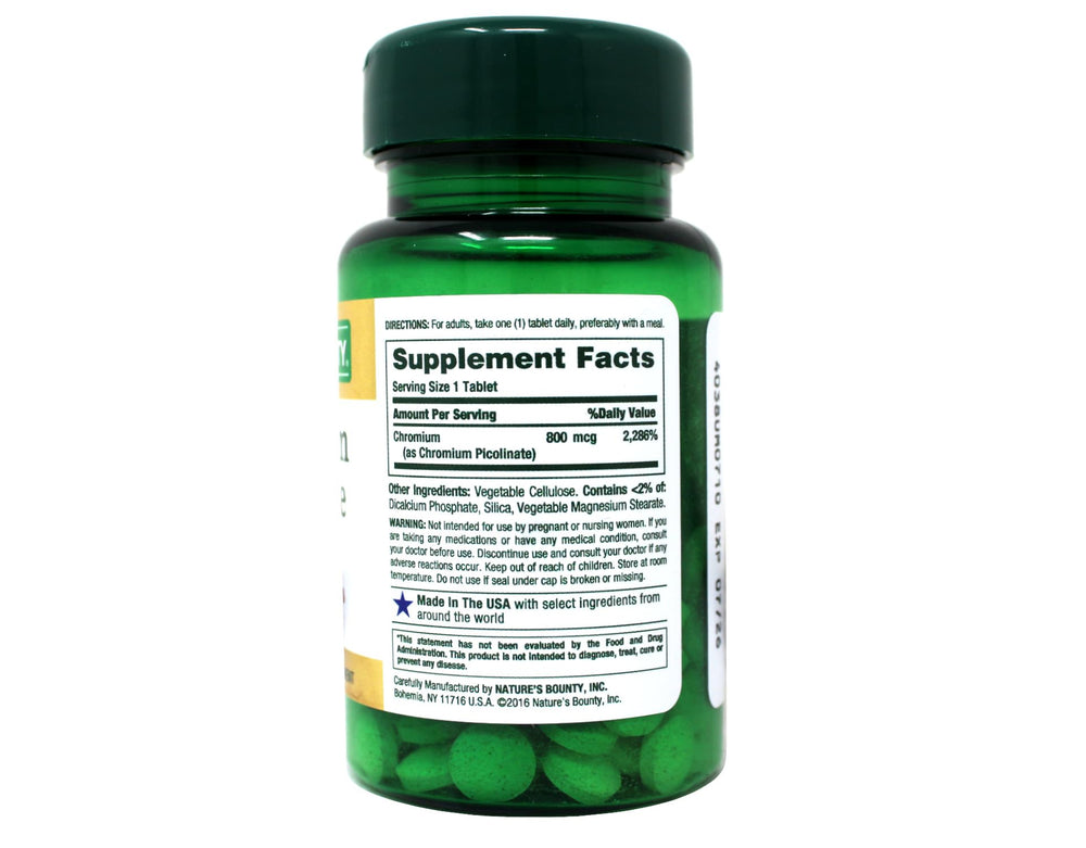 Nature's Bounty Chromium Picolinate 800 mcg bottle highlighting non-GMO and vegetarian-friendly