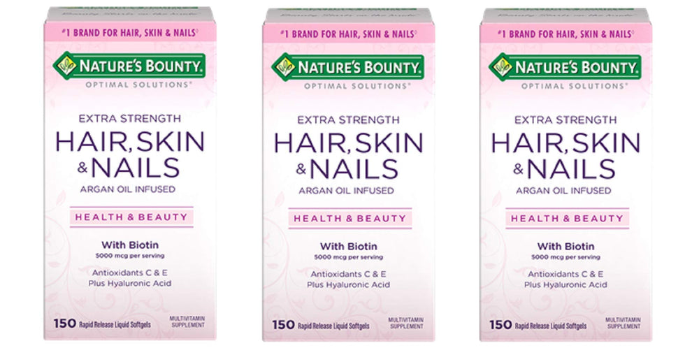 Front view of Nature's Bounty Extra Strength Hair Skin Nails 150 Count Pack of 3 bottle