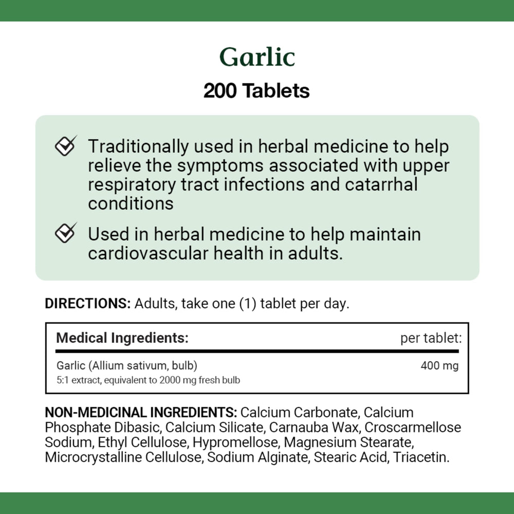 Garlic tablets arranged next to Nature's Bounty bottle