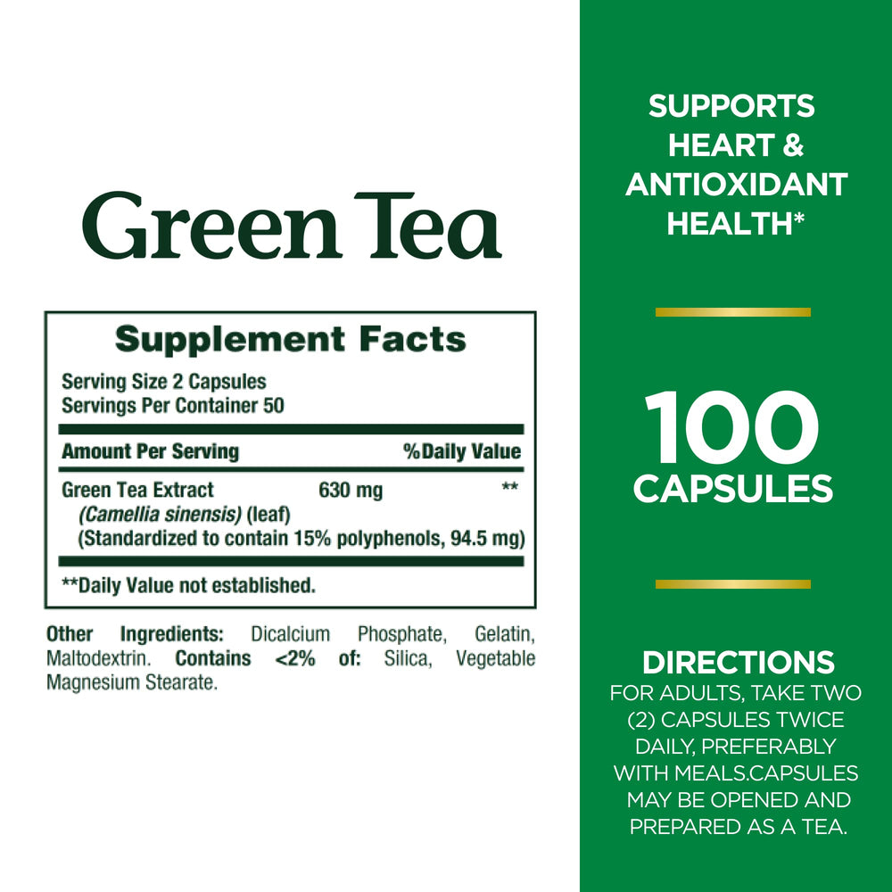 Close-up of Nature's Bounty Green Tea Pills capsules
