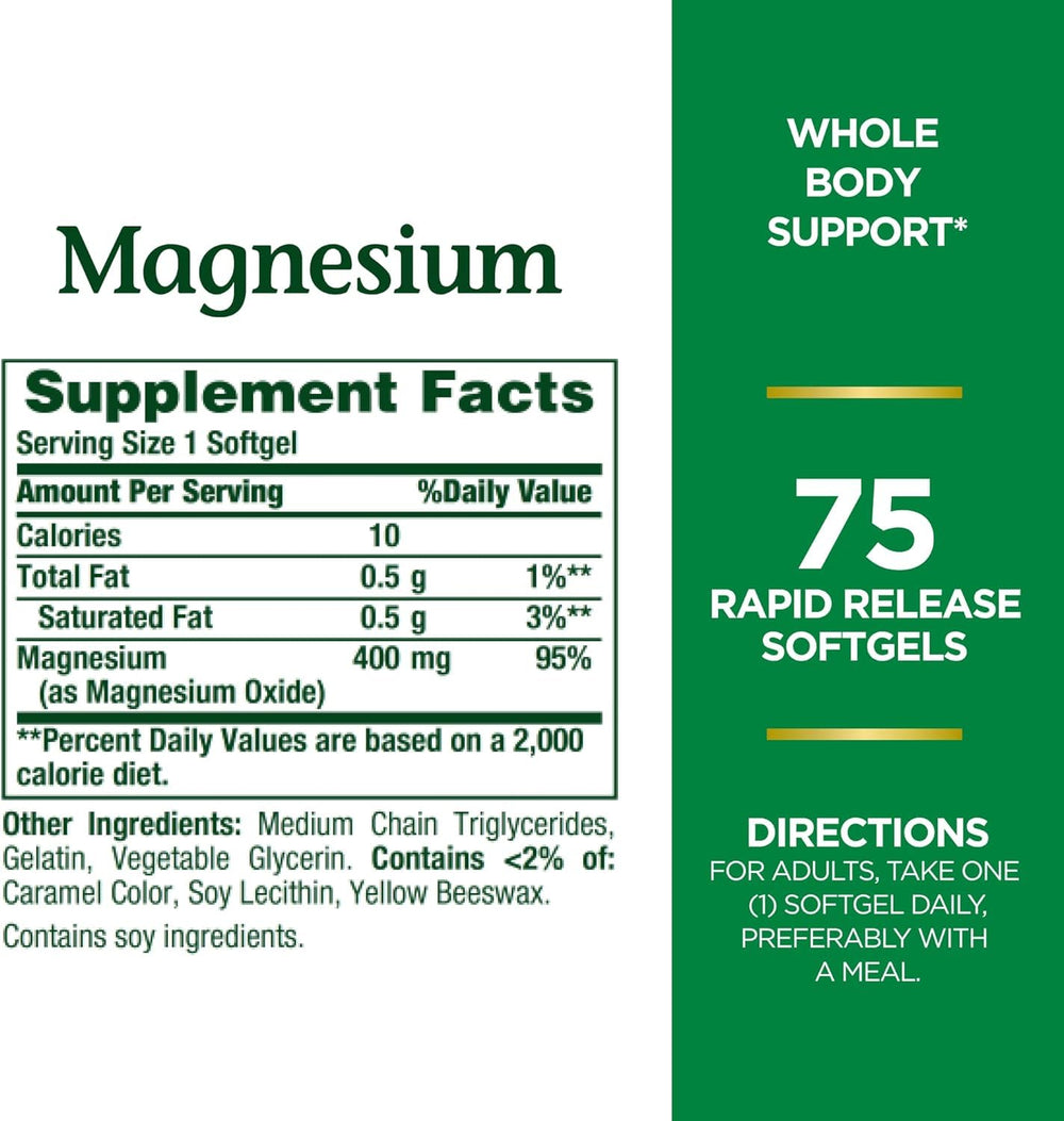 Close-up of Nature's Bounty Magnesium 400 mg Softgels bottle