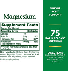 Close-up of Nature's Bounty Magnesium 400 mg Softgels bottle