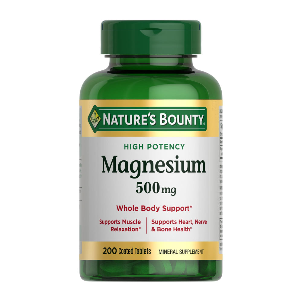 Front label of Nature's Bounty Magnesium 500 mg tablets bottle