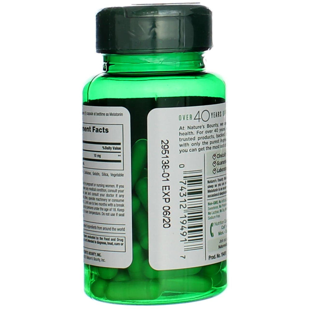 Nature's Bounty melatonin bottle with 60 capsules on display