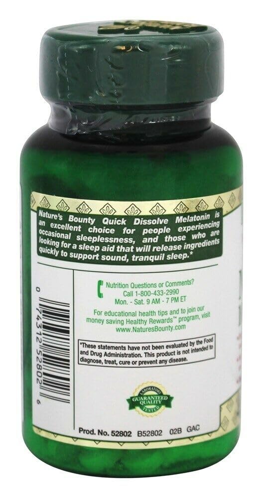 Product packaging showing Nature's Bounty Melatonin 10 mg Quick-Dissolve