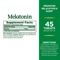 Close-up of Nature's Bounty Melatonin Quick Dissolve Tablet bottle label