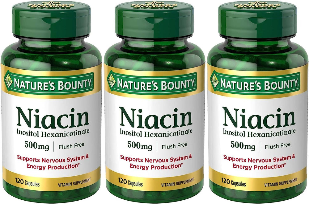 Packaging: Set of 3 Nature's Bounty Niacin Flush Free 500 mg bottles