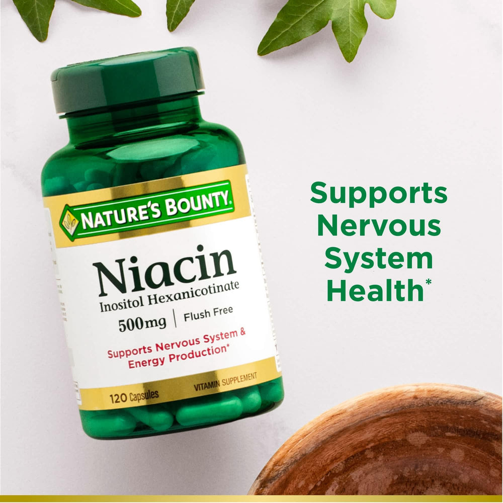 Close-up front view of Nature's Bounty Niacin Flush Free 500 mg bottle
