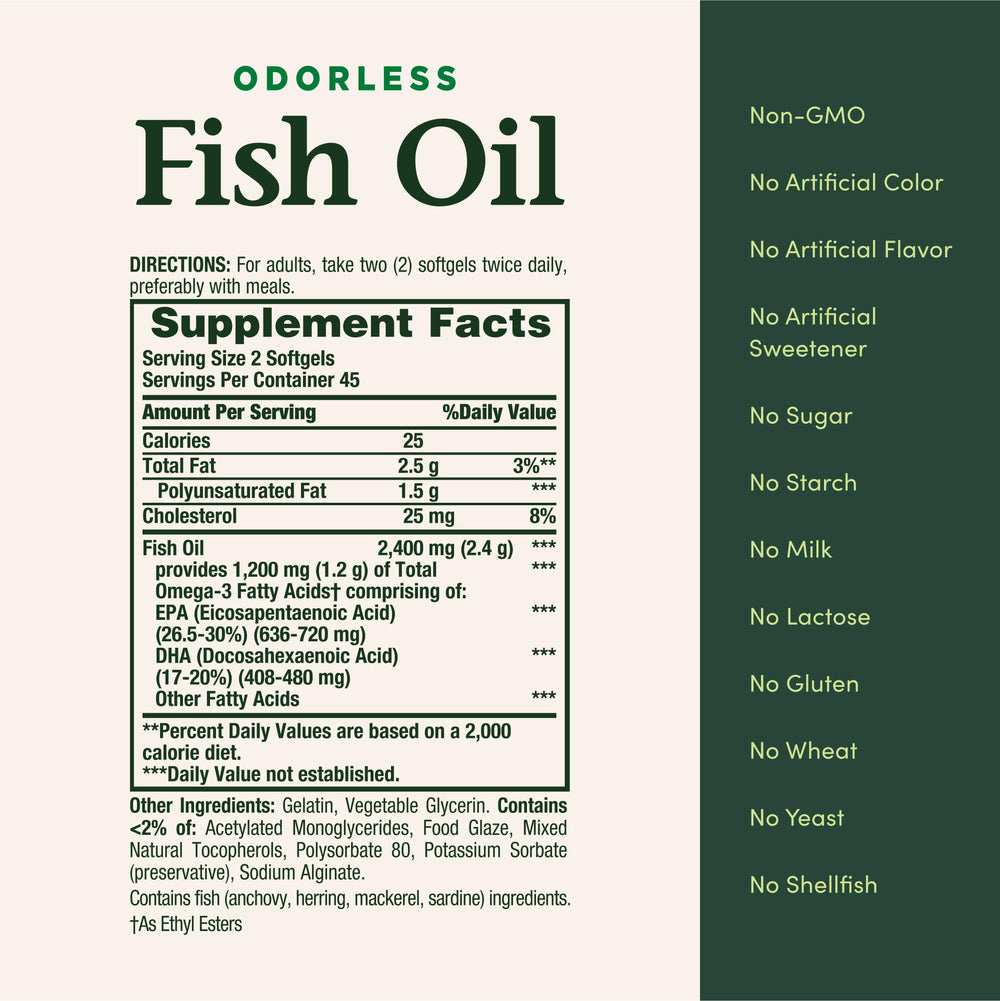 Nature's Bounty Odorless Fish Oil gluten-free and non-GMO formula supports dietary preferences.