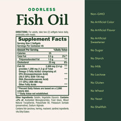 Nature's Bounty Odorless Fish Oil gluten-free and non-GMO formula supports dietary preferences.