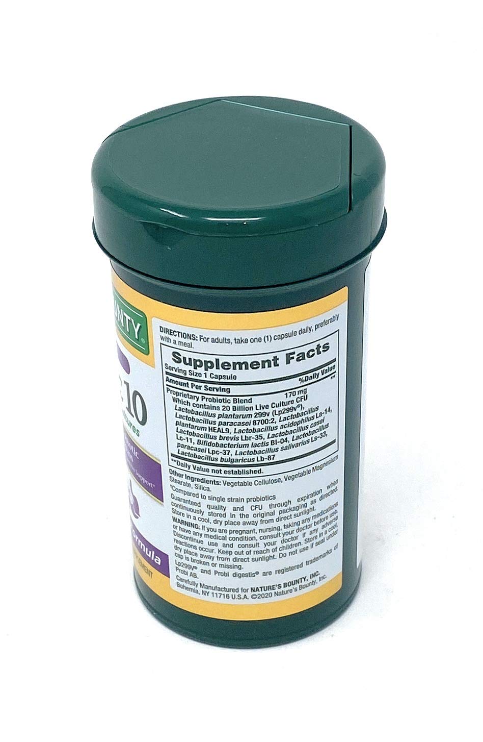 Close-up of Probiotic 10 label showing 20 billion cultures