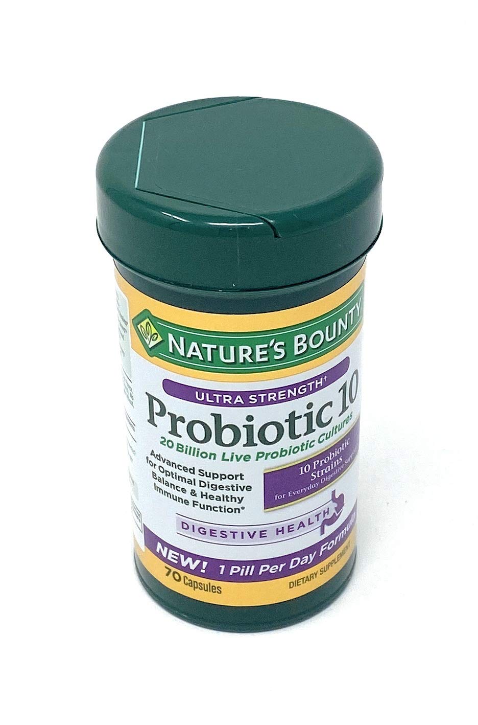 Nature's Bounty Probiotic 10 bottle front showing 20B cultures and 10 strains.