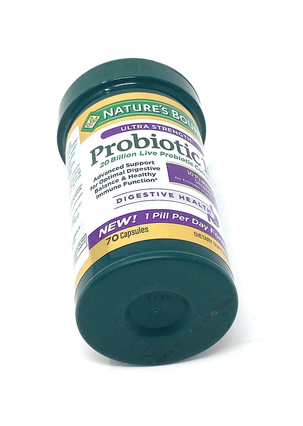 Nature's Bounty Probiotic 10 label closeup highlighting 20B cultures and diverse strains.