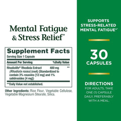 Close-up of Rhodiola 400 mg capsules from Nature's Bounty.