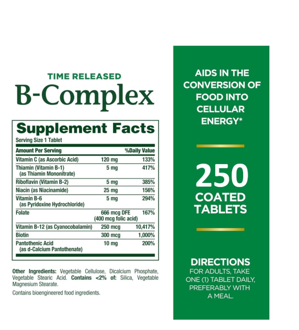 Close-up of 250 coated tablets from Natures Bounty Time Released B-Complex