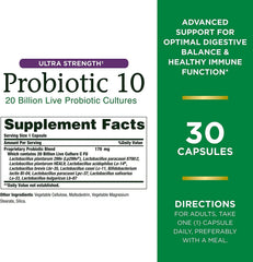Close-up of Nature's Bounty Ultra Strength Probiotic 10 capsules illustrating 20B CFU.
