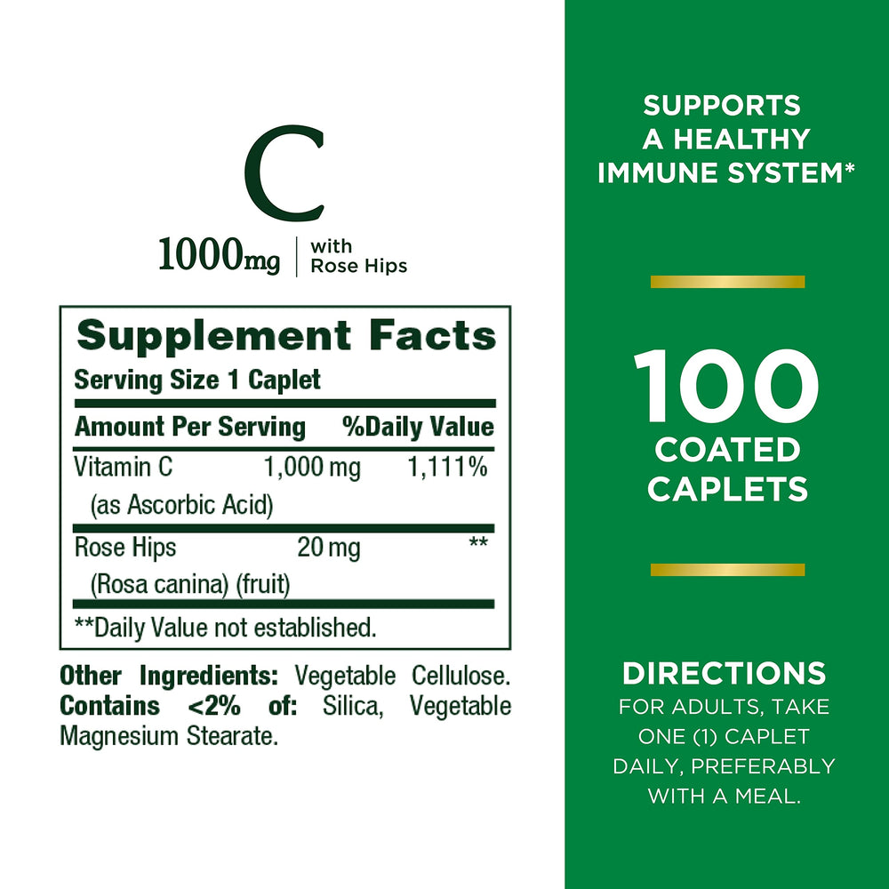Nature's Bounty Vitamin C + Rose Hips bottle back with nutrition facts