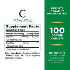 Nature's Bounty Vitamin C + Rose Hips bottle back with nutrition facts