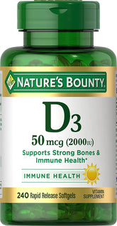 Front view of Nature's Bounty Vitamin D 2000 IU softgels bottle