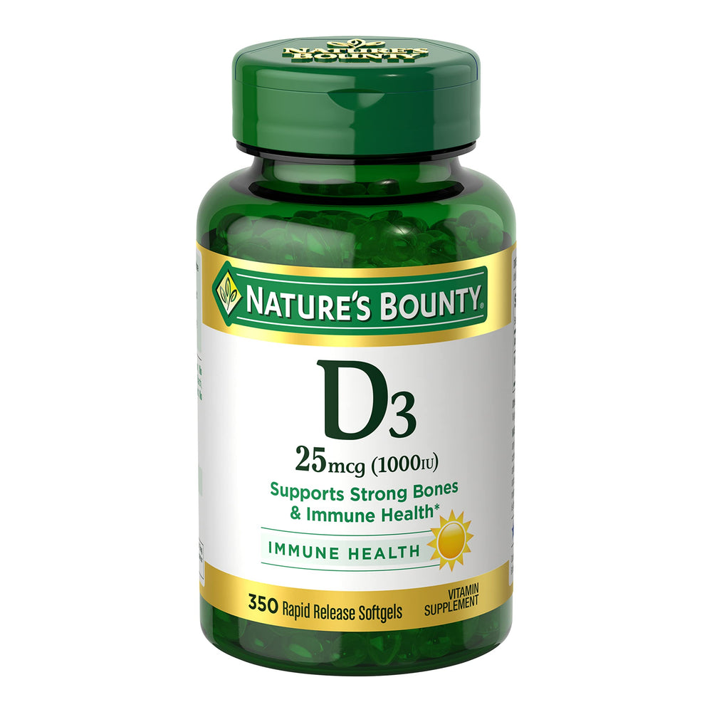 Nature's Bounty Vitamin D3 softgels bottle front highlighting 1000 IU for immune support.