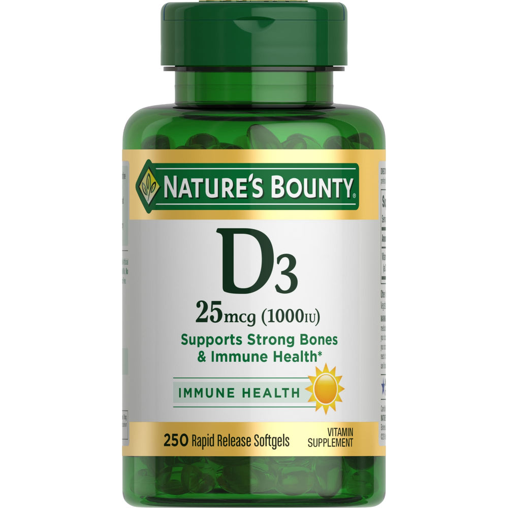 Nature’s Bounty Vitamin D3 bottle for immune support and bone health.