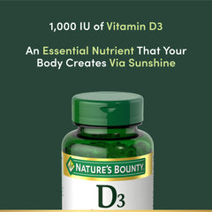 Nature's Bounty Vitamin D3 1000 IU packaging emphasizes bone health support.