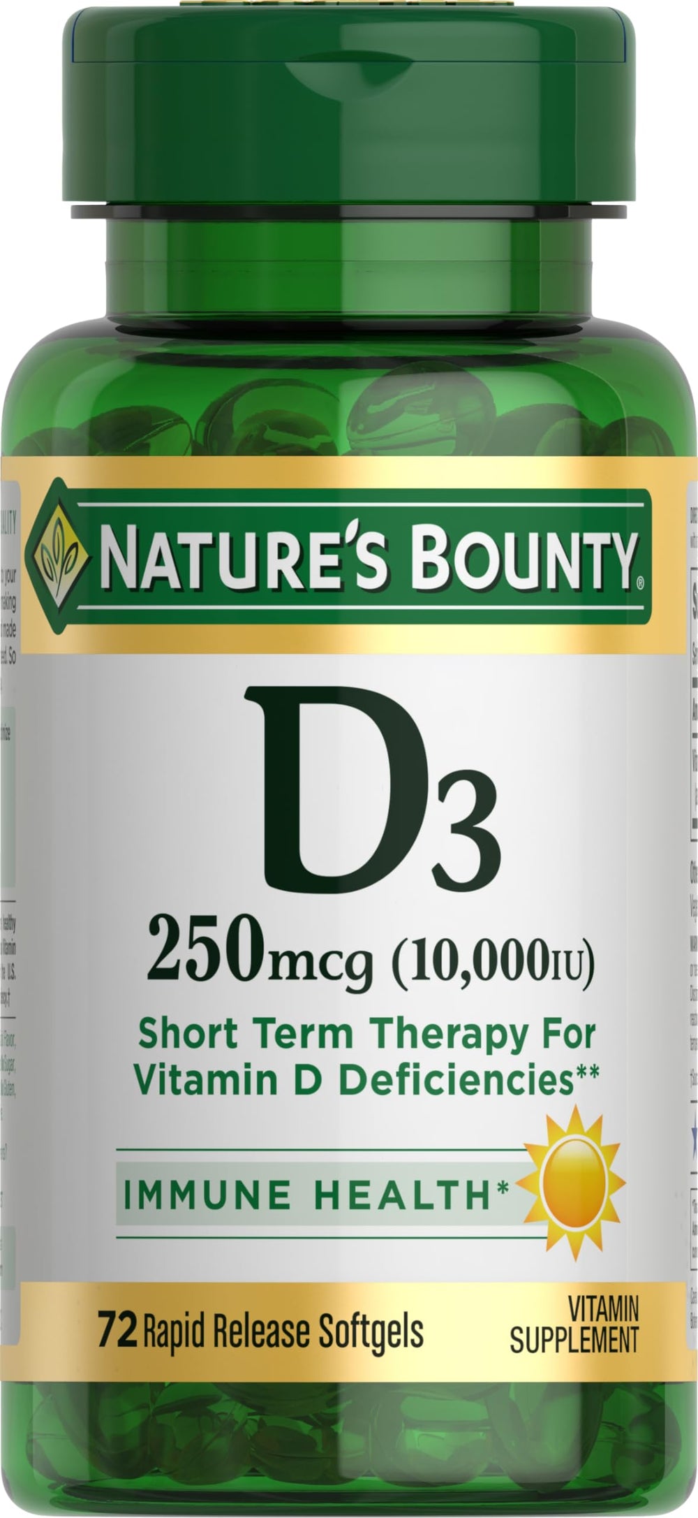 Nature's Bounty Vitamin D3 10000 IU softgels bottle for immune support