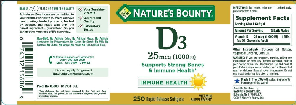 Close-up of Nature's Bounty Vitamin D3 Softgels in bottle