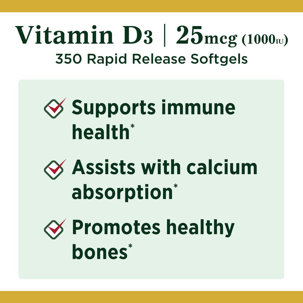 Front view of Nature's Bounty Vitamin D3 1000 IU softgels bottle