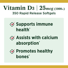 Front view of Nature's Bounty Vitamin D3 1000 IU softgels bottle