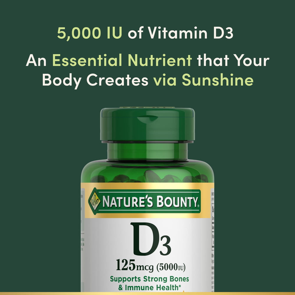 Vitamin D3 5000 IU softgels shown for bone health benefits