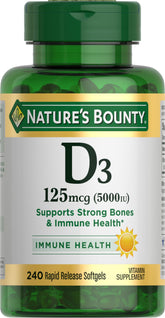 Bottle of Nature's Bounty Vitamin D3 5000 IU softgels with rapid-release design and 240 count