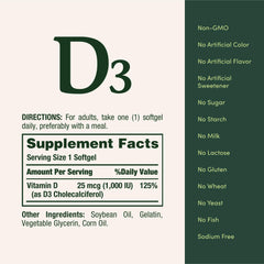 Label graphic showing Vitamin D3 1000 IU and non-GMO