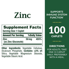 Label close-up for Nature's Bounty Zinc 50 mg caplets unflavored