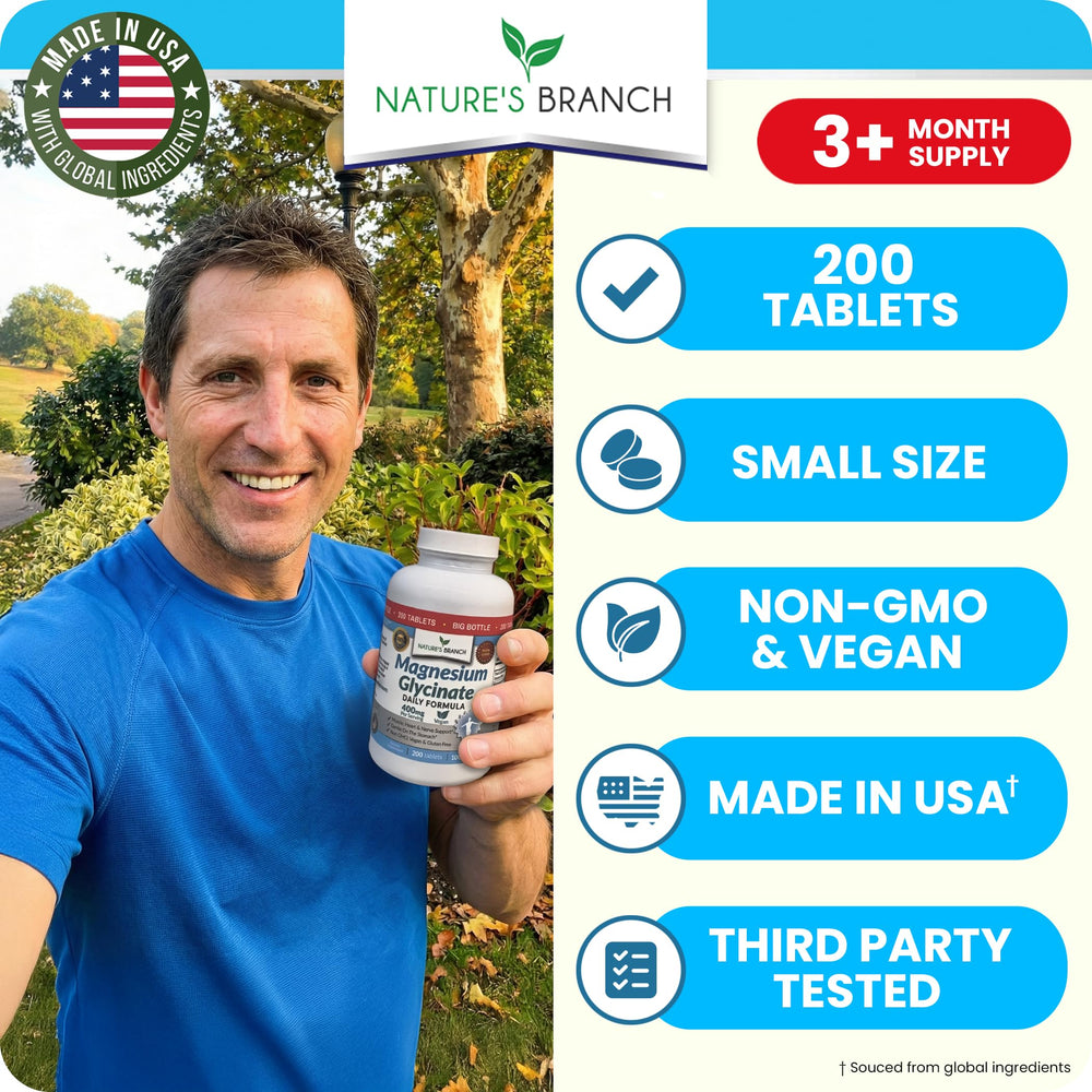 Nature's Branch Magnesium Glycinate 400mg bottle ingredients highlights vegan, non-GMO formula.