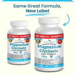 Nature's Branch Magnesium Glycinate 400mg tablets close-up shows compact, easy-to-swallow size.