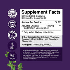 Close-up of coconut-derived activated charcoal capsules