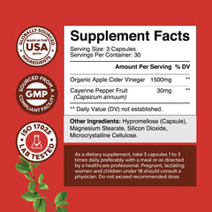 Natures Craft ACV capsules label close-up highlights ingredients for gut health and energy.