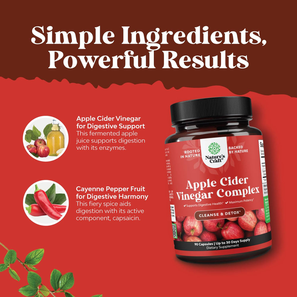Natures Craft ACV capsules on a counter with healthy meal for daily wellness.