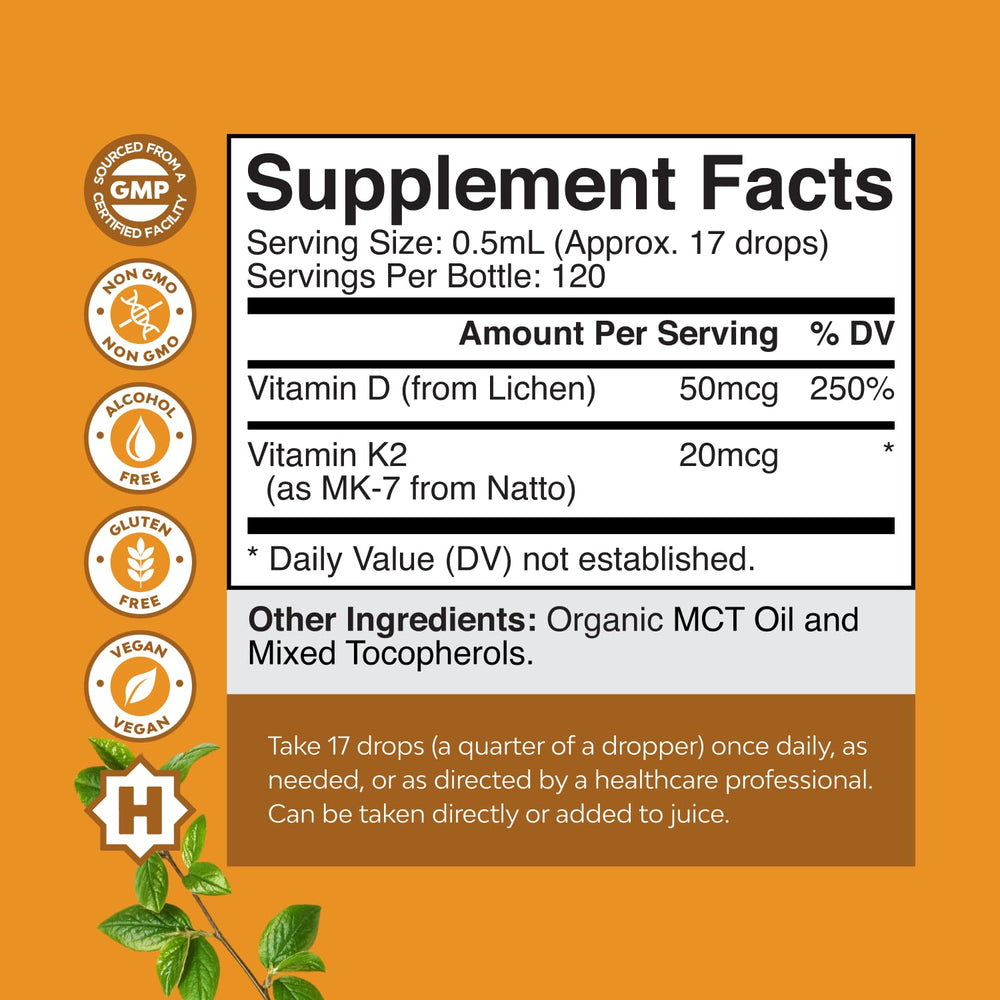 Label showing vegan organic Vitamin D3 with K2 MK-7 2000IU