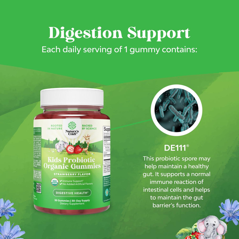 Natures Craft Immune Booster Kids Probiotic Gummies closeup shows chewy texture for kids.