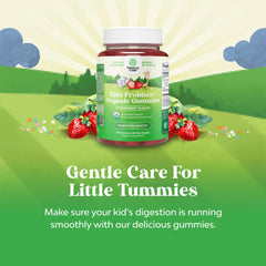 Natures Craft Immune Booster Kids Probiotic Gummies on spoon for daily gut balance.