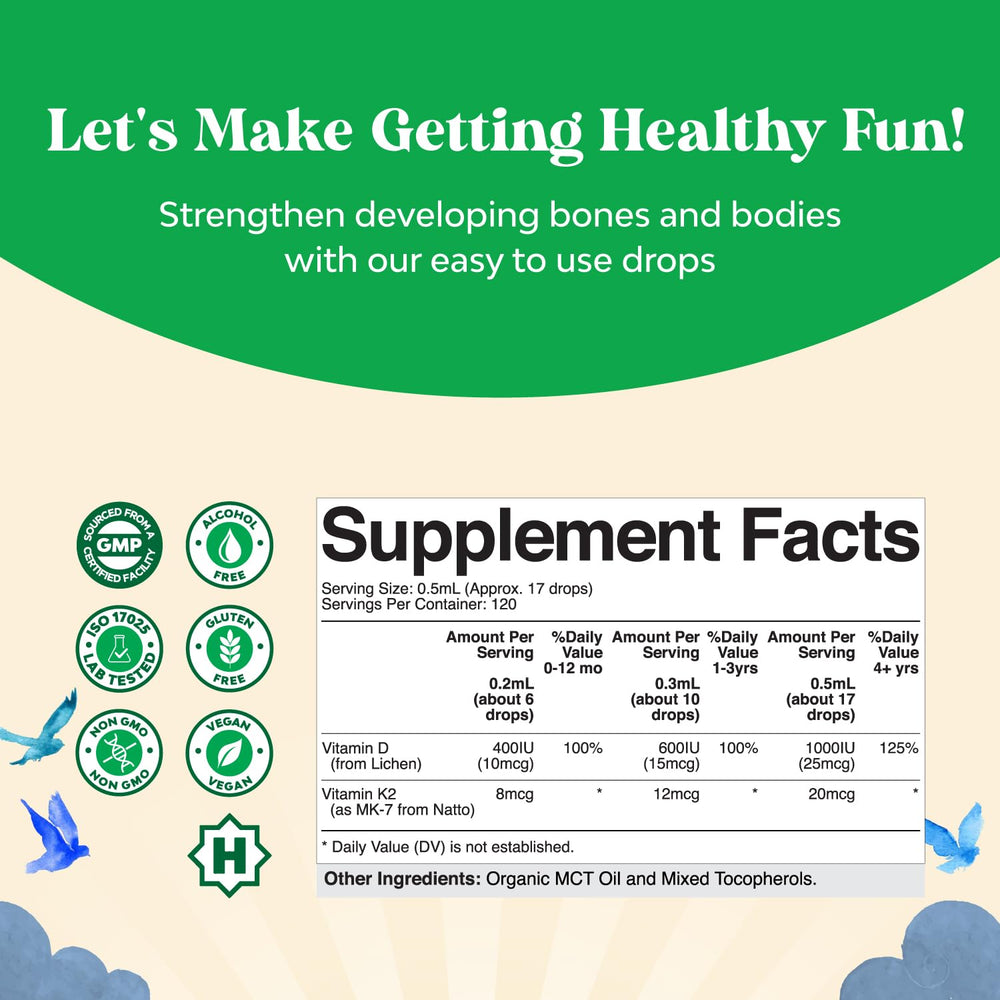 Dropper dispensing vitamin D3 K2 liquid for kids