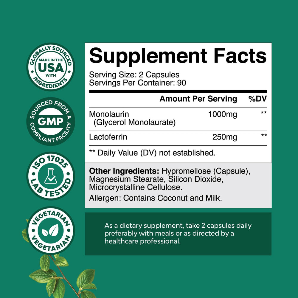 Label highlights 250mg Lactoferrin and 1000mg Monolaurin per serving