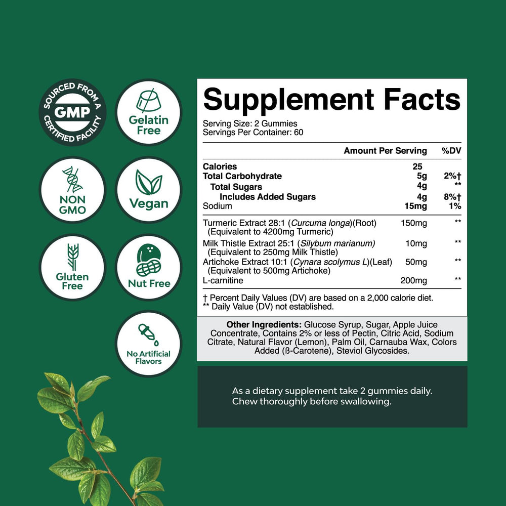 Milk Thistle liver support gummies with artichoke and turmeric imagery