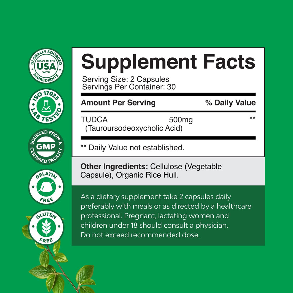 Natures Craft Tudca capsules closeup showcasing 500mg per serving softgel capsules.