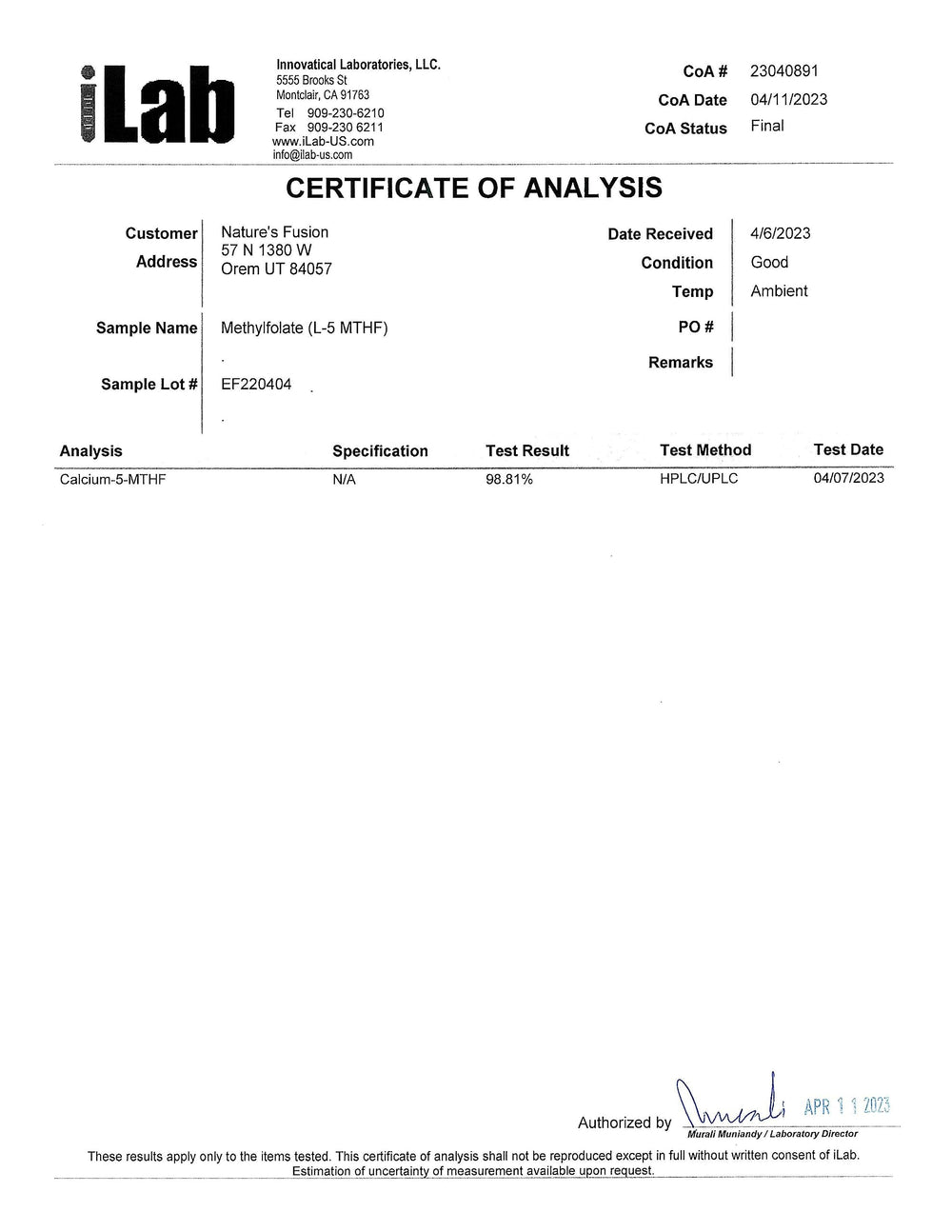 Nature's Fusions Nutri 5-MTHF packaging and bottle