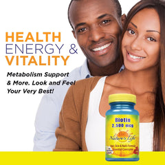 Product label for Nature's Life Biotin 2500mcg