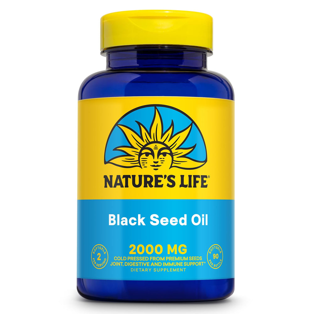 Bottle of Nature's Life Black Seed Oil 2000mg with 90 softgels