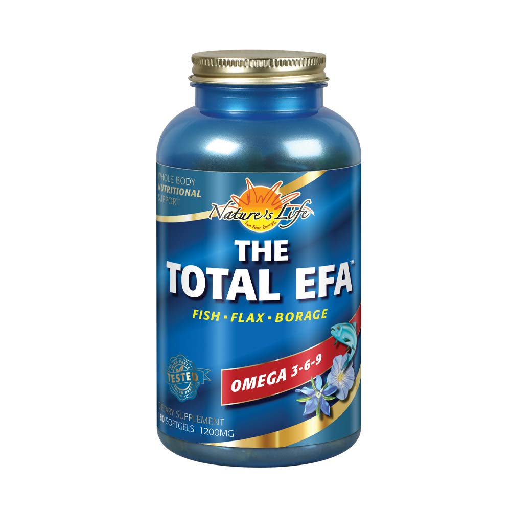 Nature's Life Total EFA fish oil bottle—balanced omega blend for skin, heart and memory support.